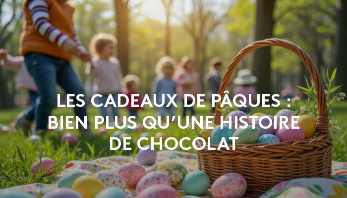 Vignette avec des oeufs de pâques au chocolat et des enfants jouant dans un parc 